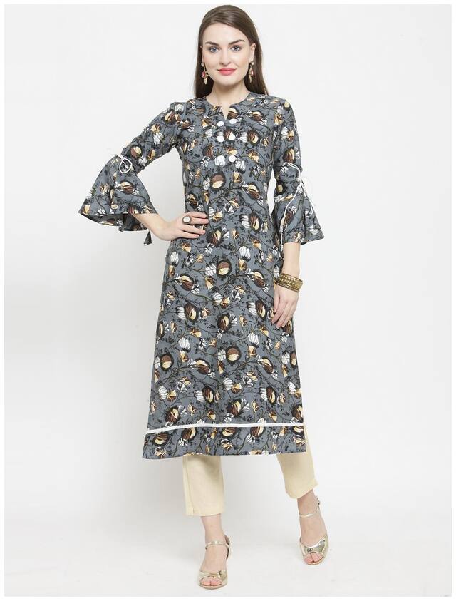 Indibelle Women Rayon Floral Grey & Cream Kurta With Pants