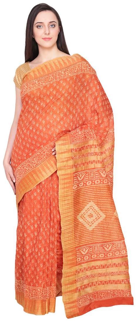 Orange Dabu printed cotton silk saree