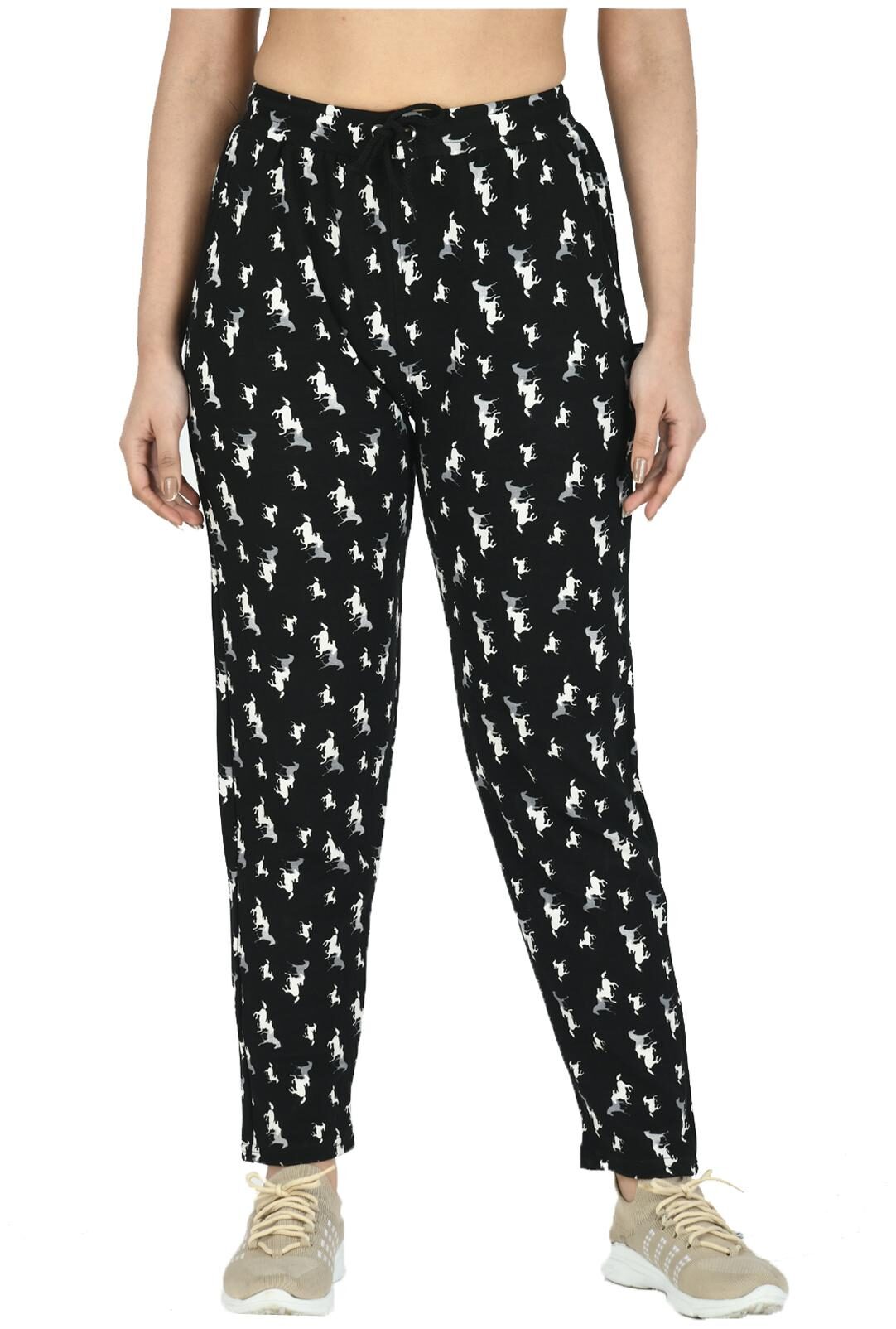 

Indiweaves Women Regular fit Polyester Printed Track pants - Black