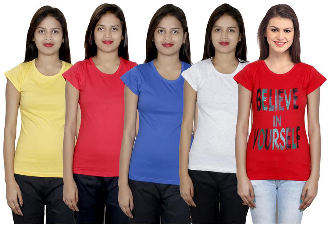 

IndiWeaves Women s Cotton Printed and Plain T-Shirt Combo(Pack of 5 T-Shirts)