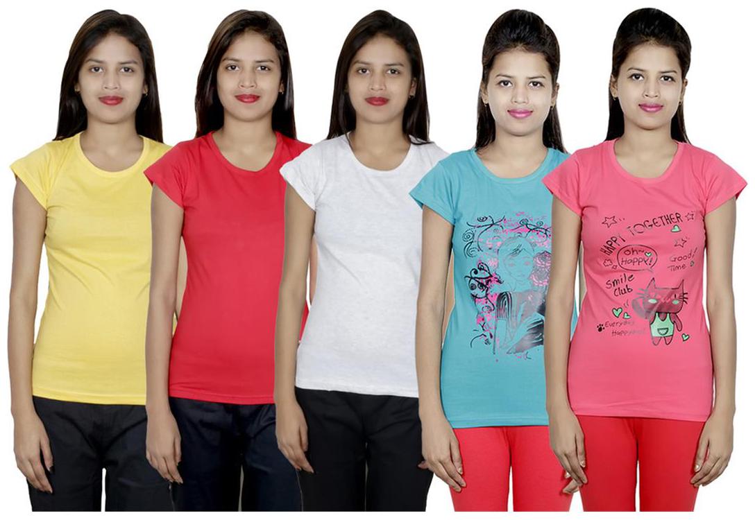 

IndiWeaves Women s Cotton Printed and Plain T-Shirt Combo(Pack of 5 T-Shirts)