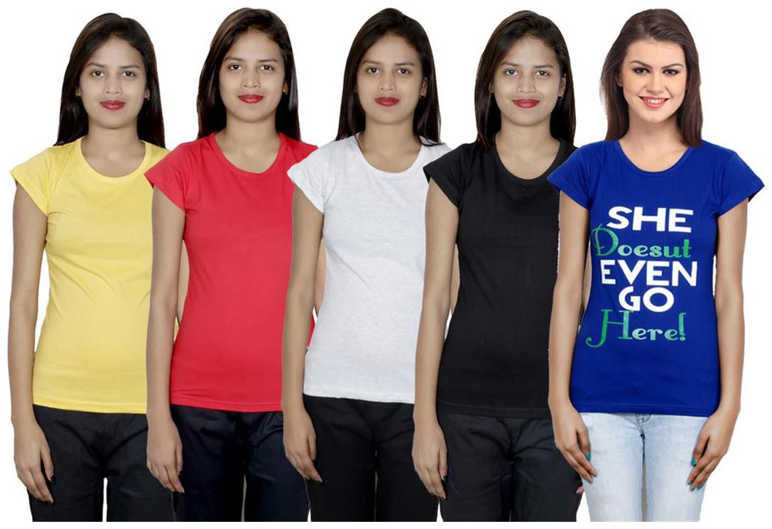 

IndiWeaves Women s Cotton Printed and Plain T-Shirt Combo(Pack of 5 T-Shirts)