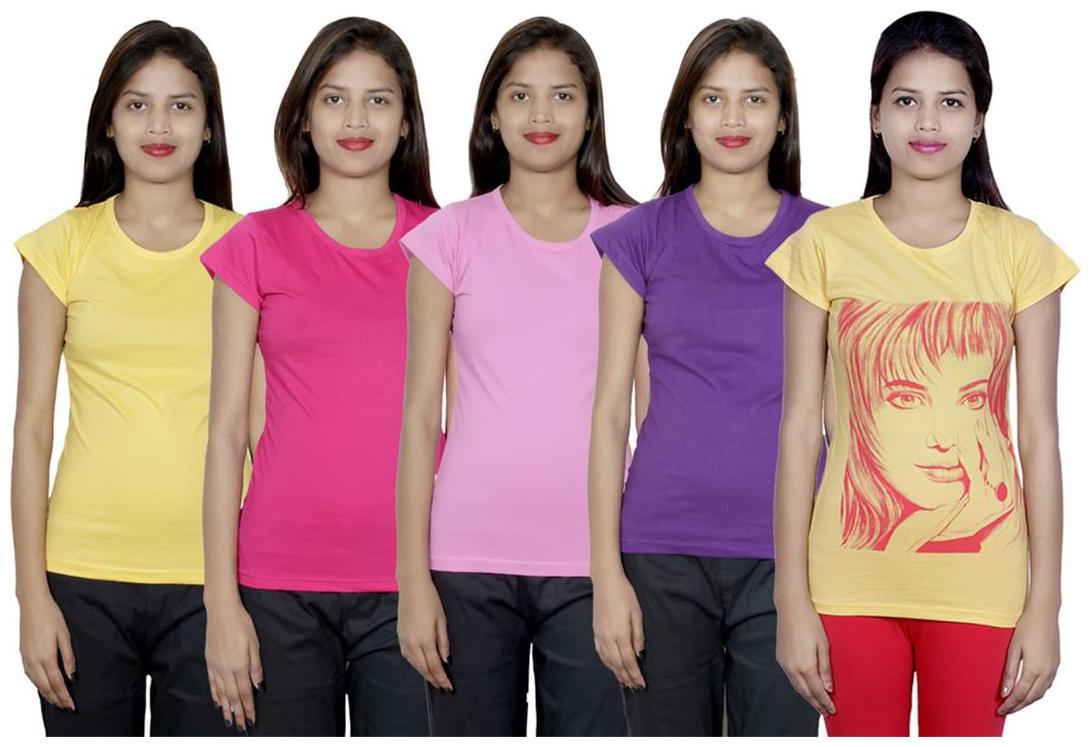 

IndiWeaves Women s Cotton Printed and Plain T-Shirt Combo(Pack of 5 T-Shirts)