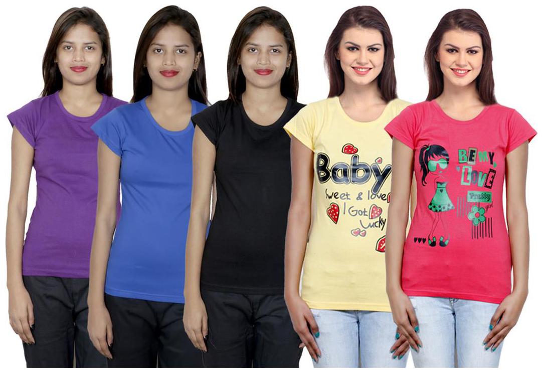 

IndiWeaves Women s Cotton Printed and Plain T-Shirt Combo(Pack of 5 T-Shirts)