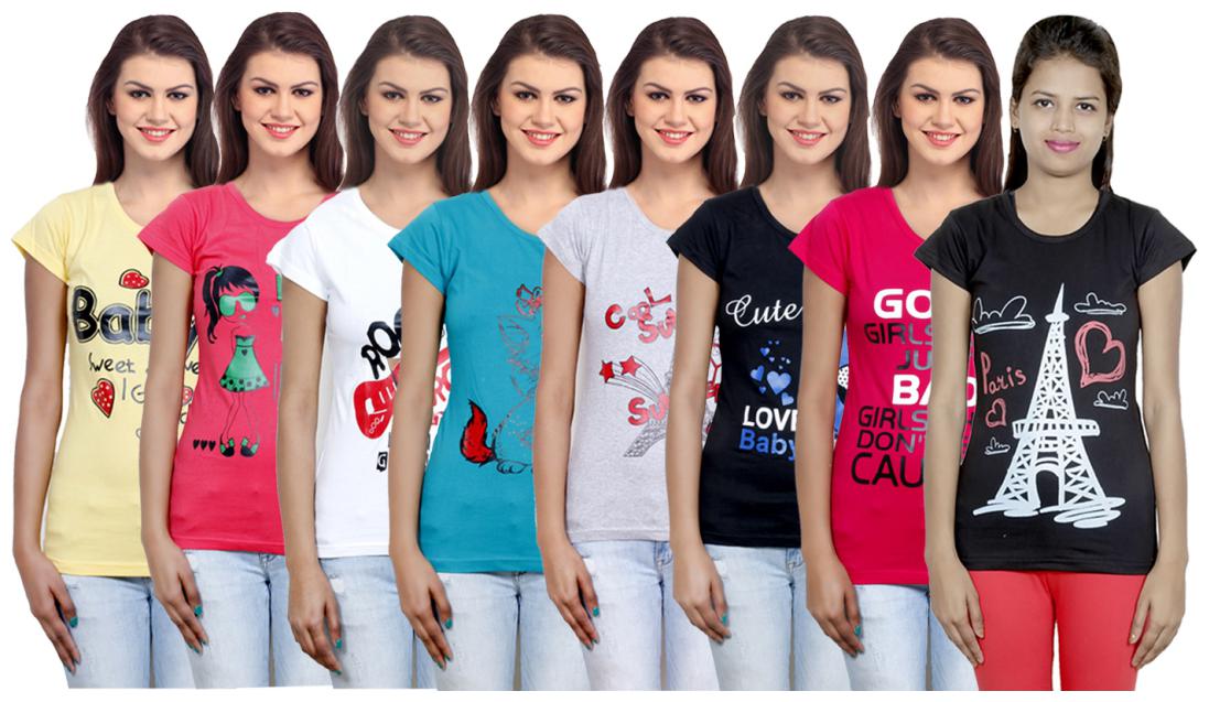 

IndiWeaves Women s Cotton Printed T-Shirts COMBO OFFER ( Pack of 8 T-Shirts)