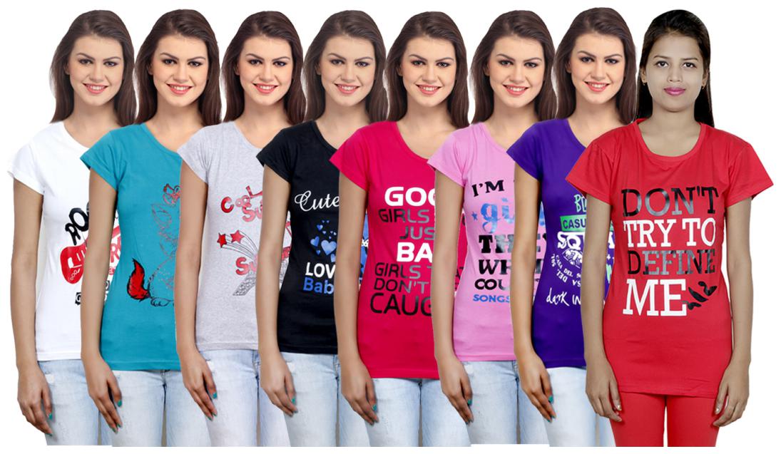 

IndiWeaves Women s Cotton Printed T-Shirts COMBO OFFER ( Pack of 8 T-Shirts)