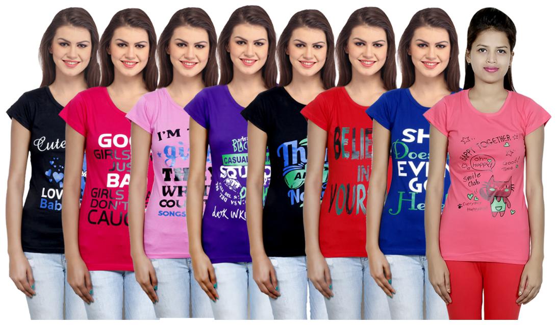 

IndiWeaves Women s Cotton Printed T-Shirts COMBO OFFER ( Pack of 8 T-Shirts)