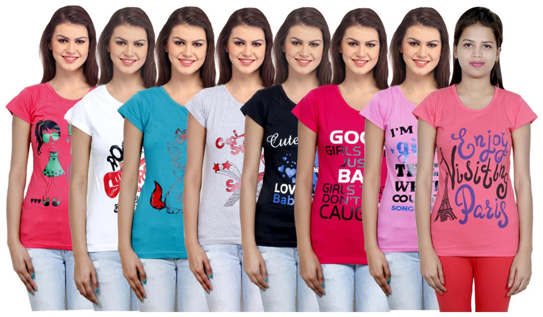 

IndiWeaves Women s Cotton Printed T-Shirts COMBO OFFER ( Pack of 8 T-Shirts)