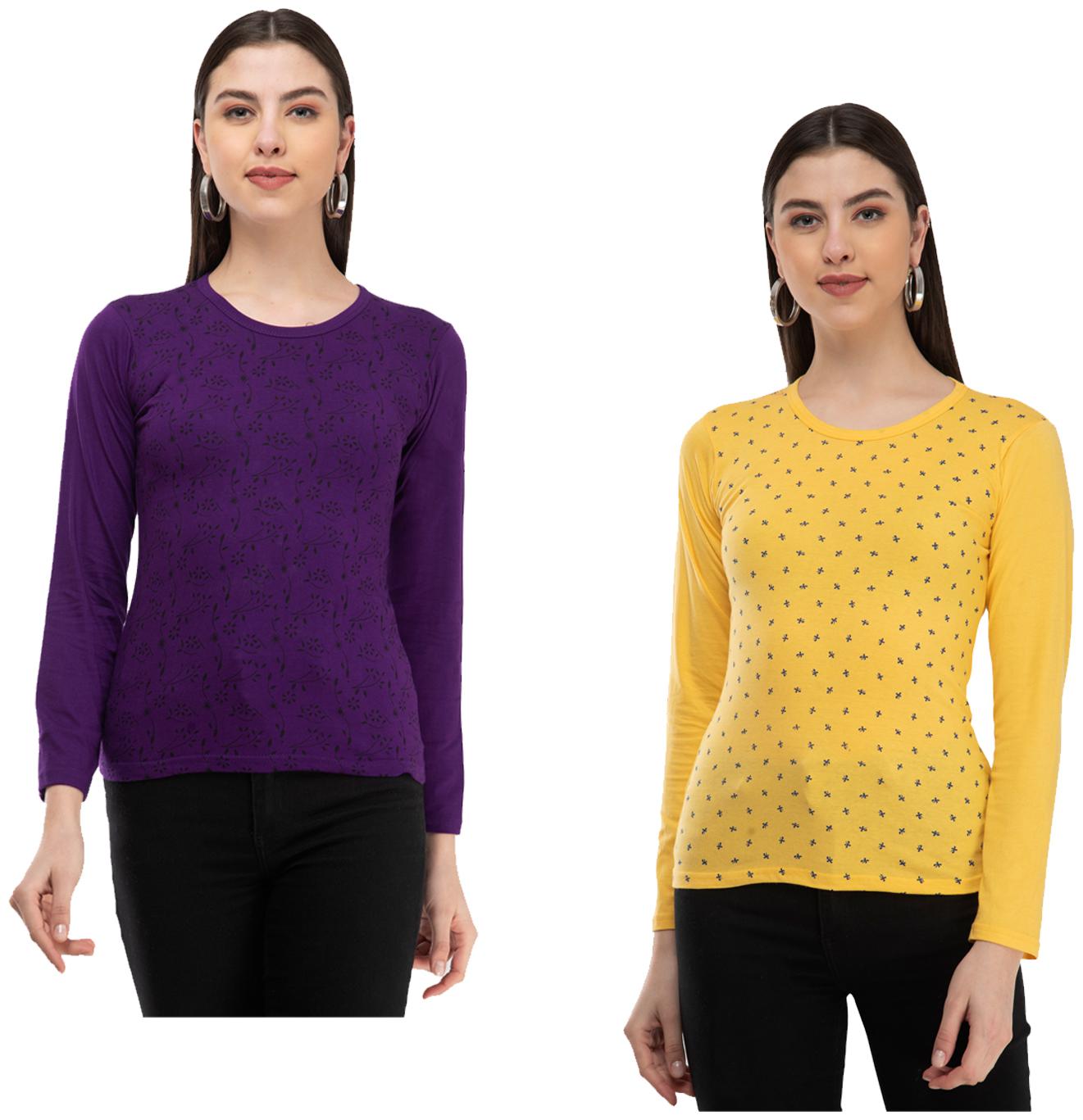 

Indiweaves Women Purple Yellow Regular fit Round neck Cotton T shirt