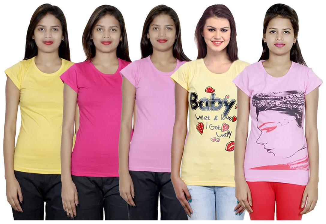

IndiWeaves Women s Cotton Printed and Plain T-Shirt Combo(Pack of 5 T-Shirts)