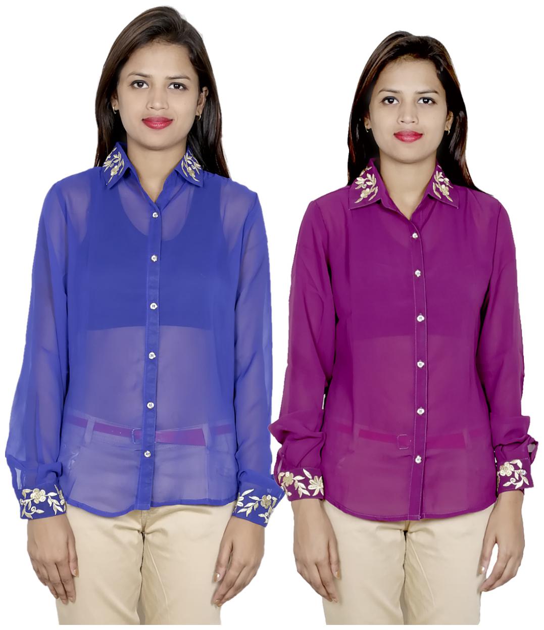 

Indiweaves Women Blue Embroidered Regular Fit Shirt