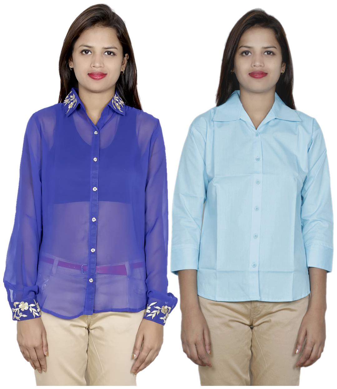 

Indiweaves Women Blue Embroidered Regular Fit Shirt