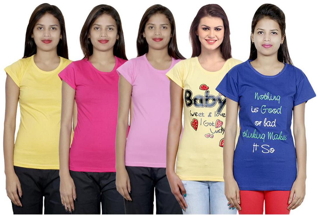 

IndiWeaves Women s Cotton Printed and Plain T-Shirt Combo(Pack of 5 T-Shirts)
