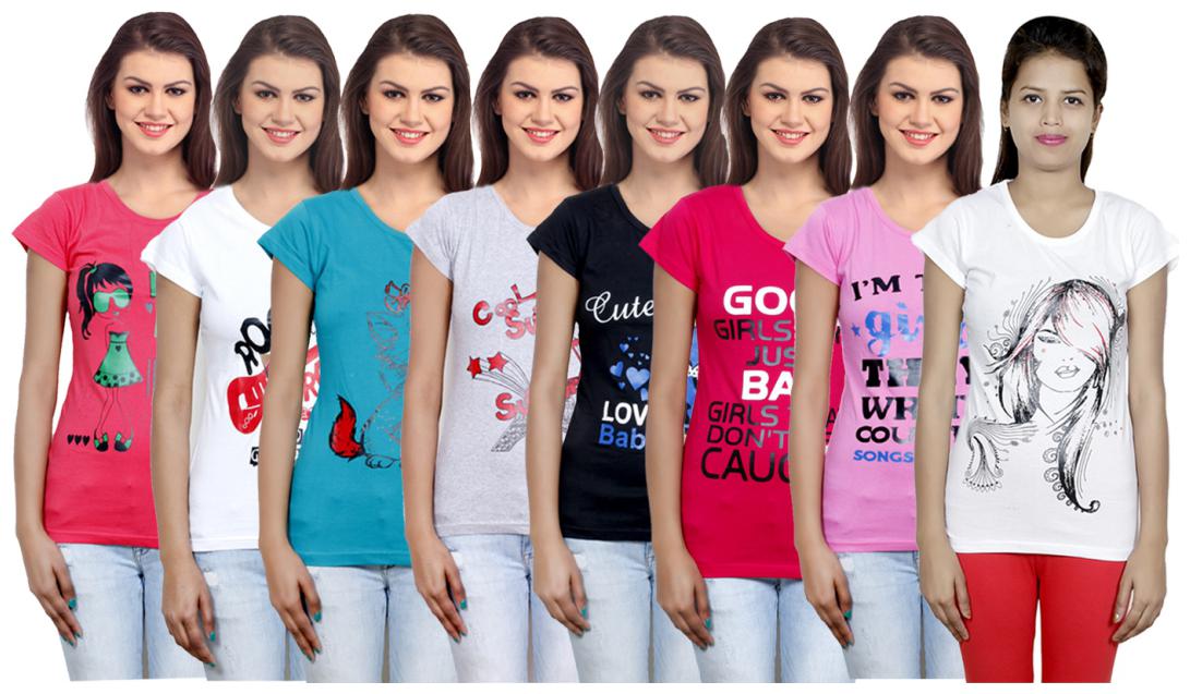 

IndiWeaves Women s Cotton Printed T-Shirts COMBO OFFER ( Pack of 8 T-Shirts)