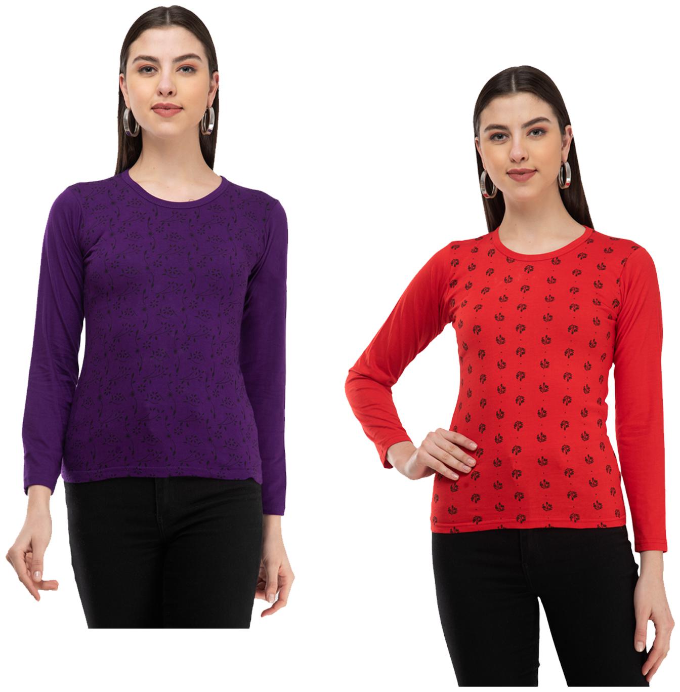 

Indiweaves Women Purple Red Regular fit Round neck Cotton T shirt