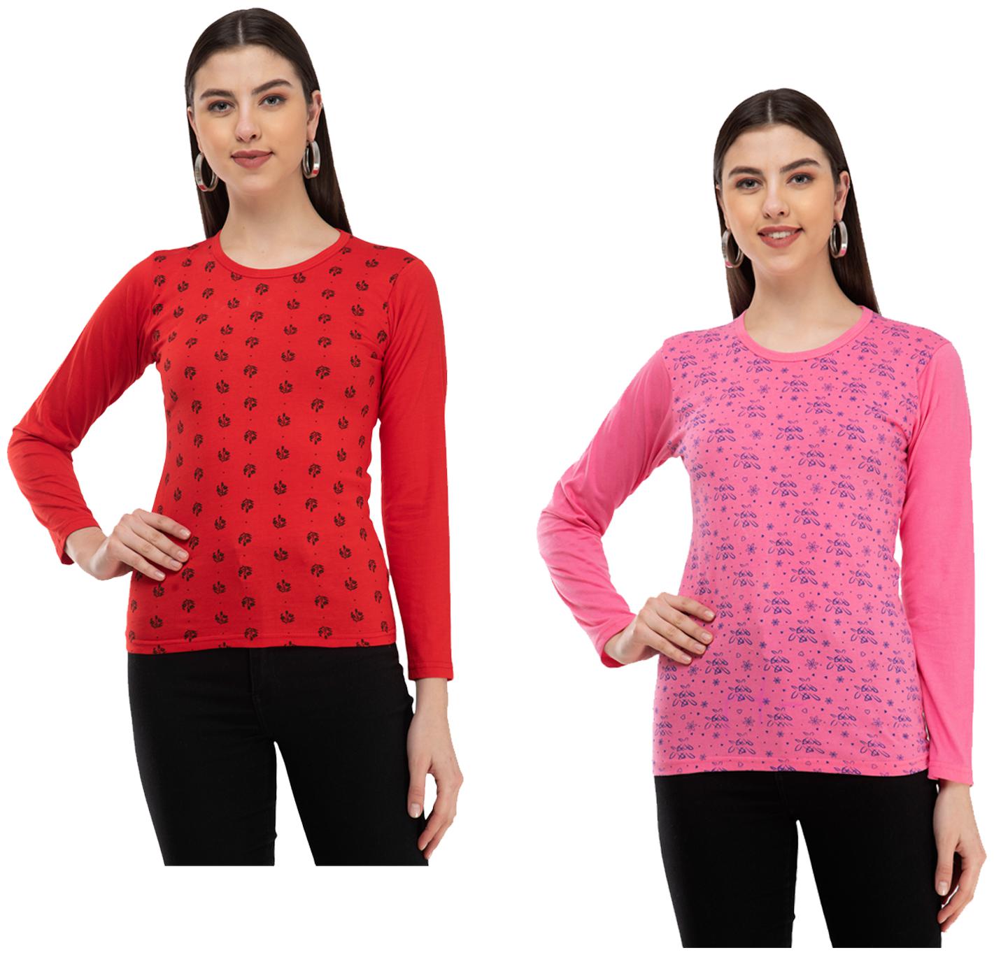 

Indiweaves Women Red Pink Regular fit Round neck Cotton T shirt