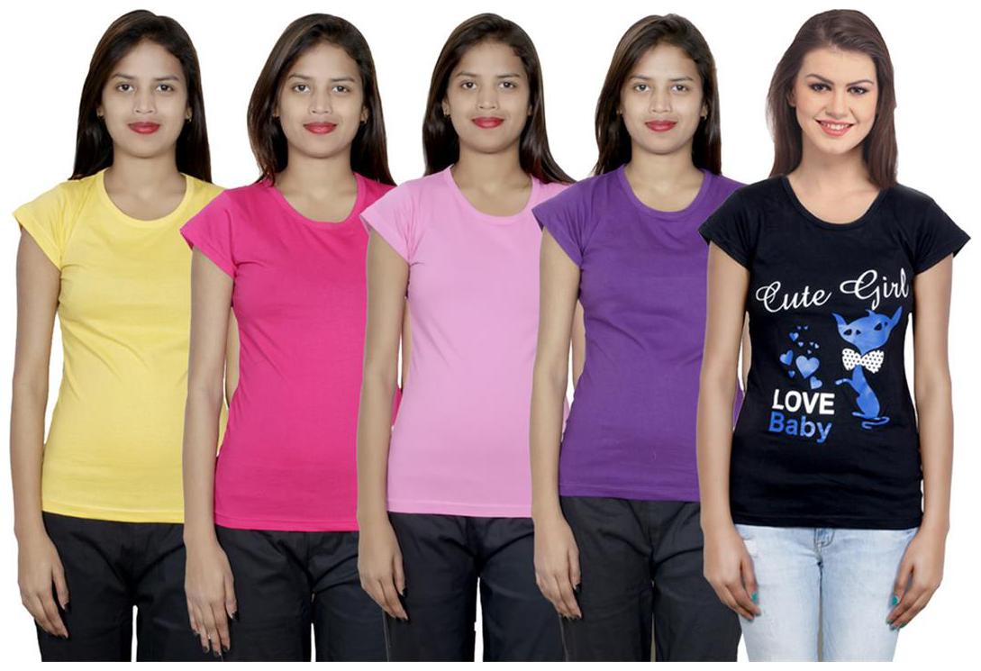 

IndiWeaves Women s Cotton Printed and Plain T-Shirt Combo(Pack of 5 T-Shirts)