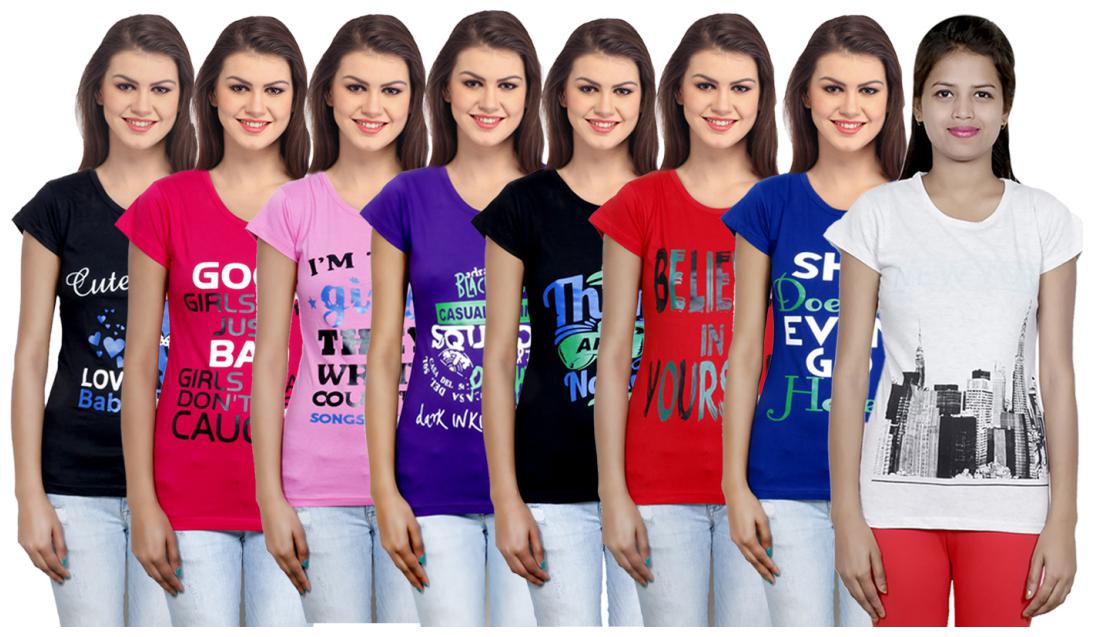 

IndiWeaves Women s Cotton Printed T-Shirts COMBO OFFER ( Pack of 8 T-Shirts)