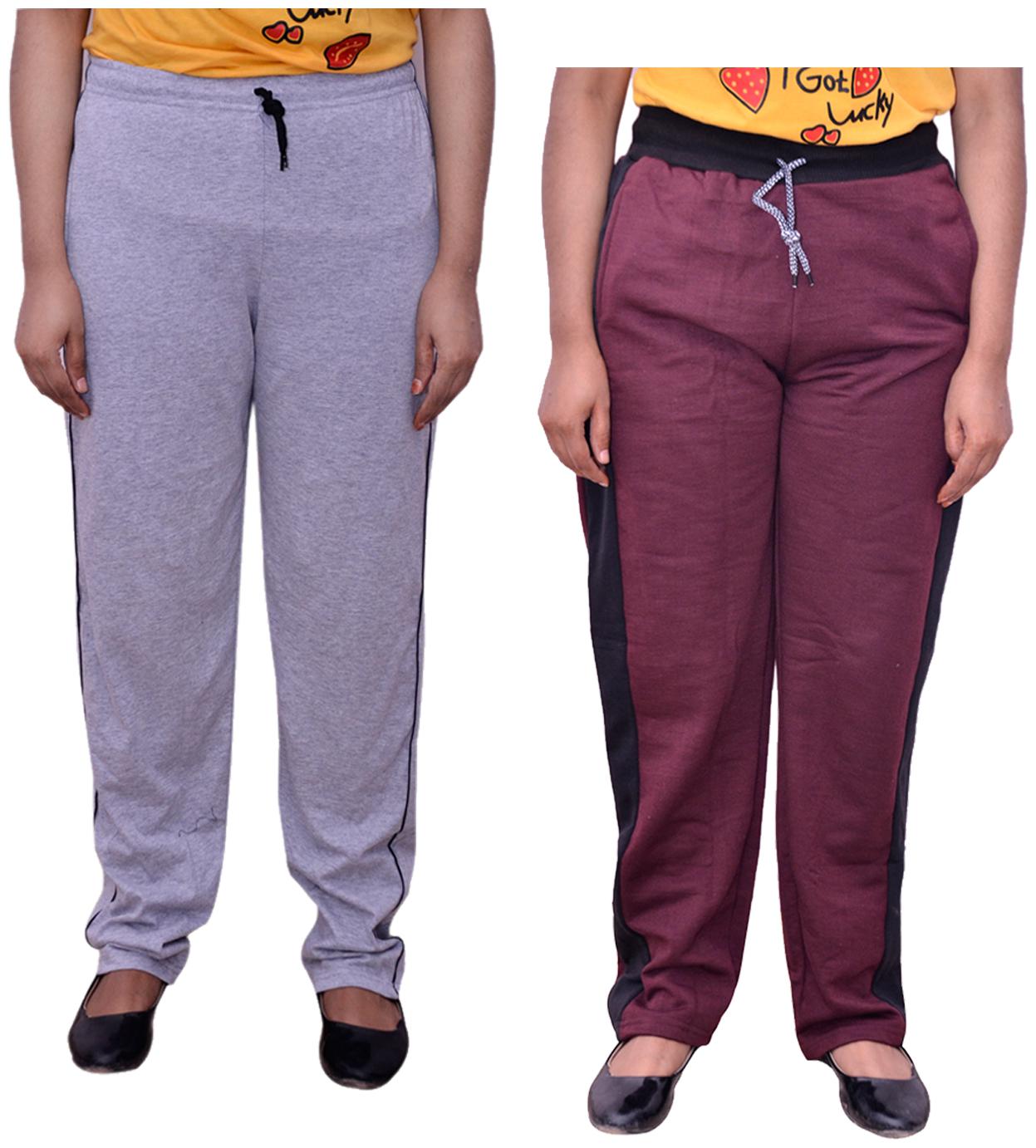 

Indiweaves Women Regular fit Cotton Solid Track pants - Grey Maroon