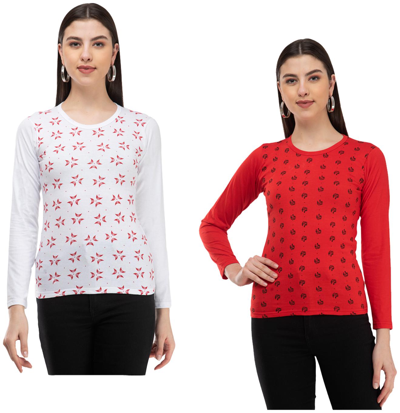 

Indiweaves Women Red White Regular fit Round neck Cotton T shirt