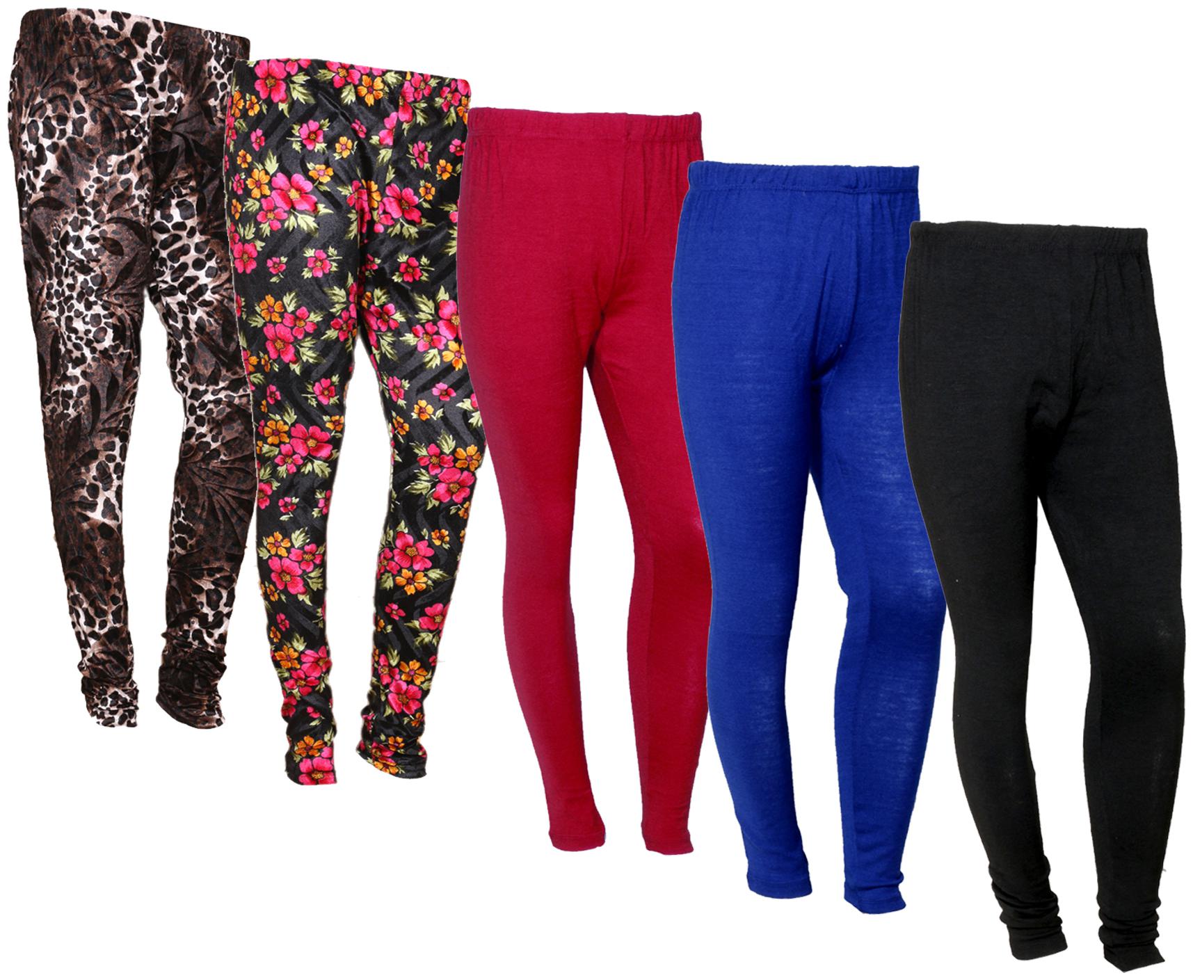 

IndiWeaves Women Woolen Plain and Velvet Printed Leggings for Winters (Pack of 5)