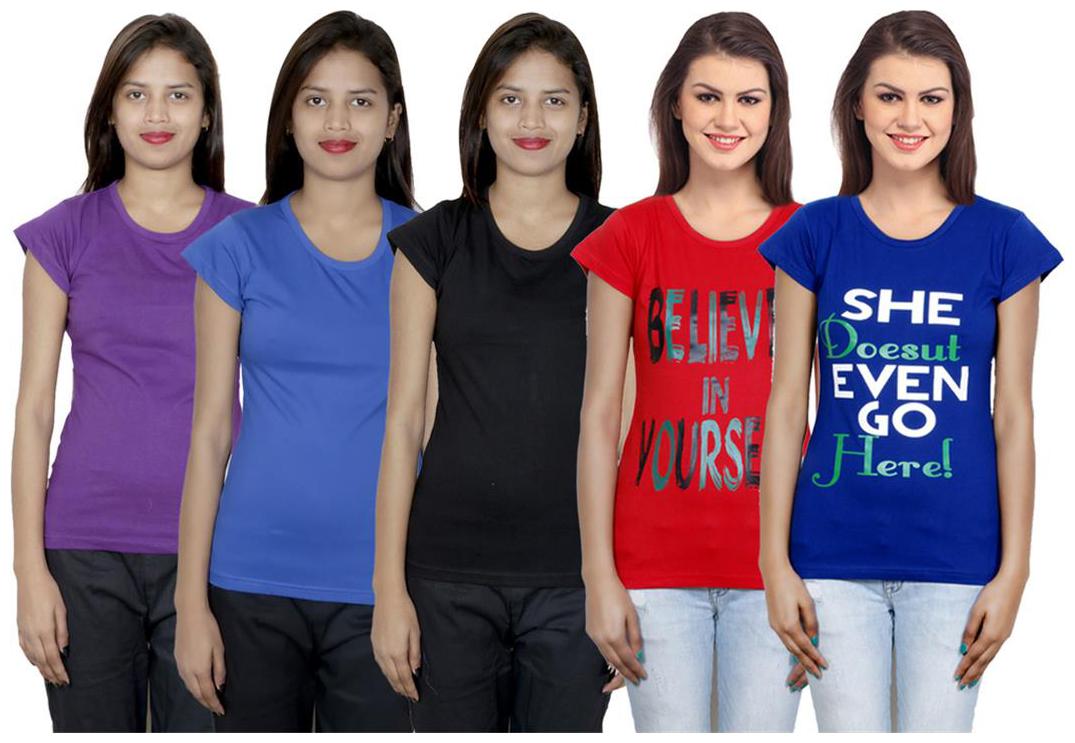 

IndiWeaves Women s Cotton Printed and Plain T-Shirt Combo(Pack of 5 T-Shirts)