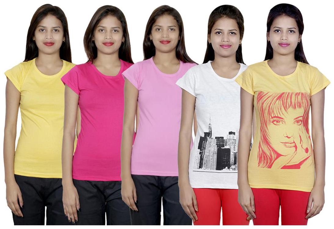

IndiWeaves Women s Cotton Printed and Plain T-Shirt Combo(Pack of 5 T-Shirts)