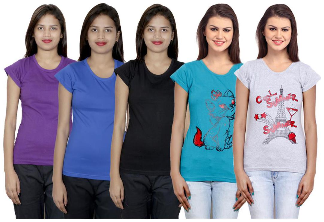 

IndiWeaves Women s Cotton Printed and Plain T-Shirt Combo(Pack of 5 T-Shirts)