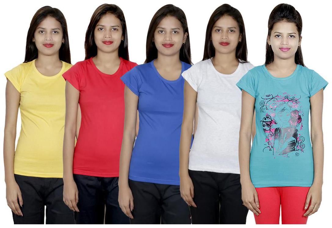 

IndiWeaves Women s Cotton Printed and Plain T-Shirt Combo(Pack of 5 T-Shirts)