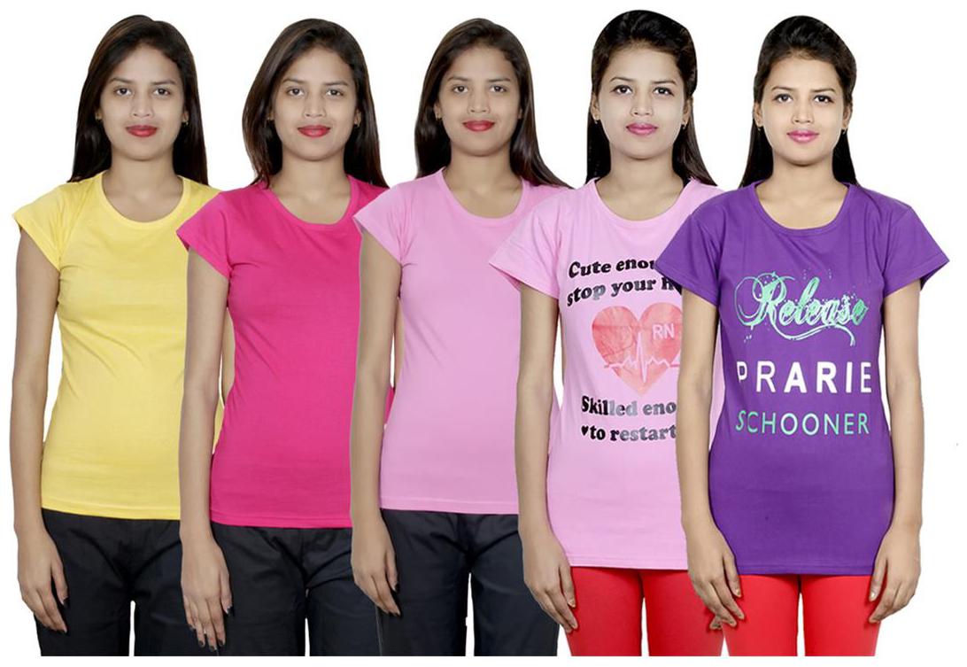 

IndiWeaves Women s Cotton Printed and Plain T-Shirt Combo(Pack of 5 T-Shirts)