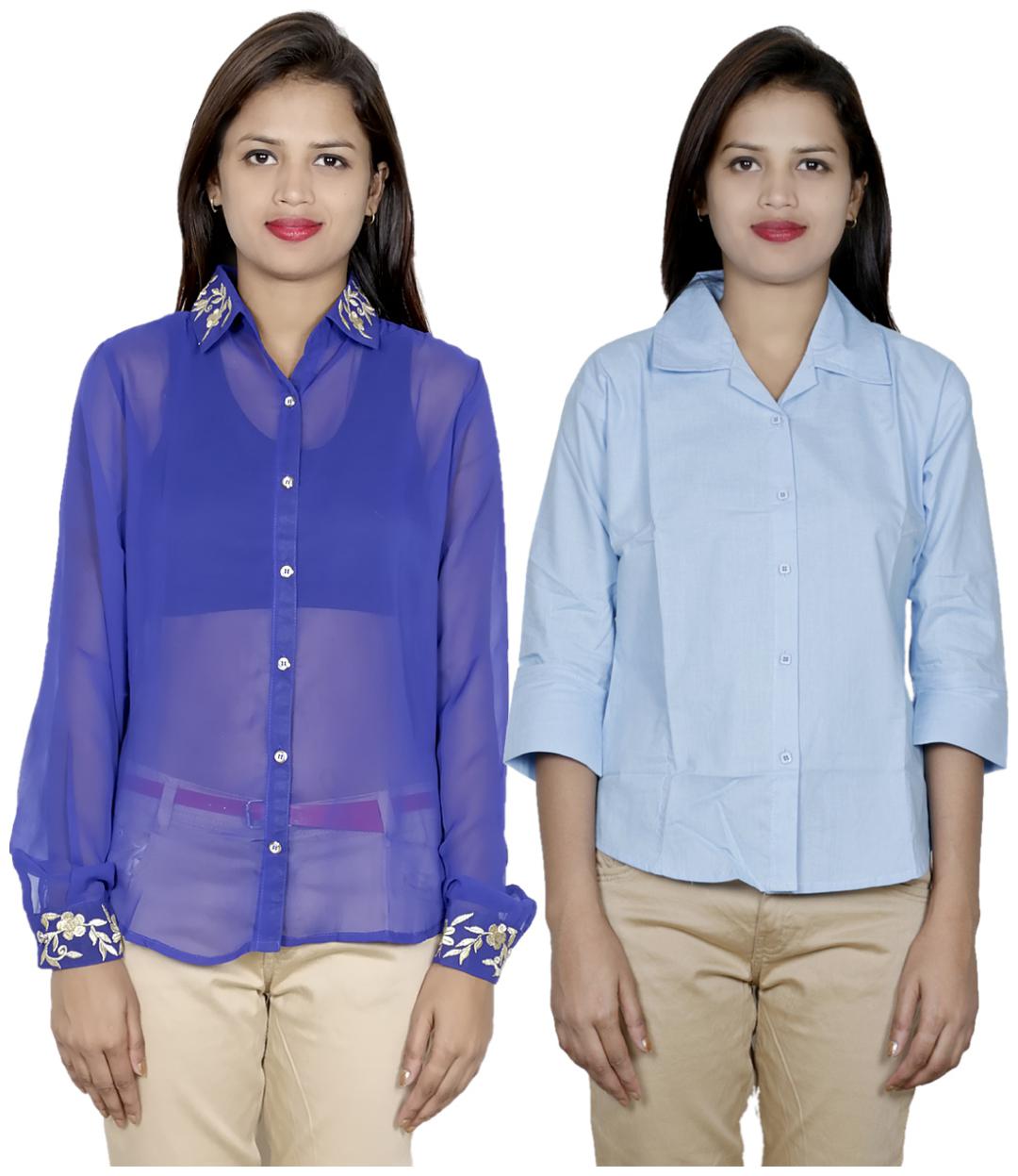 

Indiweaves Women Blue Embroidered Regular Fit Shirt