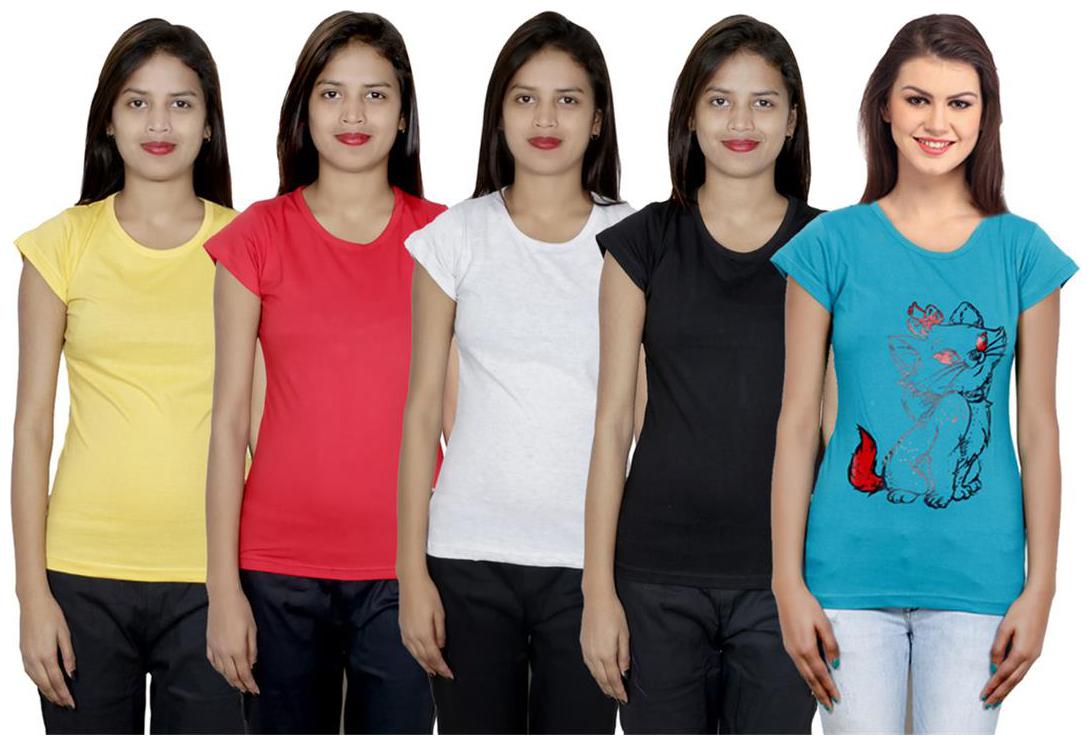 

IndiWeaves Women s Cotton Printed and Plain T-Shirt Combo(Pack of 5 T-Shirts)