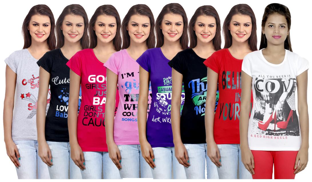 

IndiWeaves Women s Cotton Printed T-Shirts COMBO OFFER ( Pack of 8 T-Shirts)
