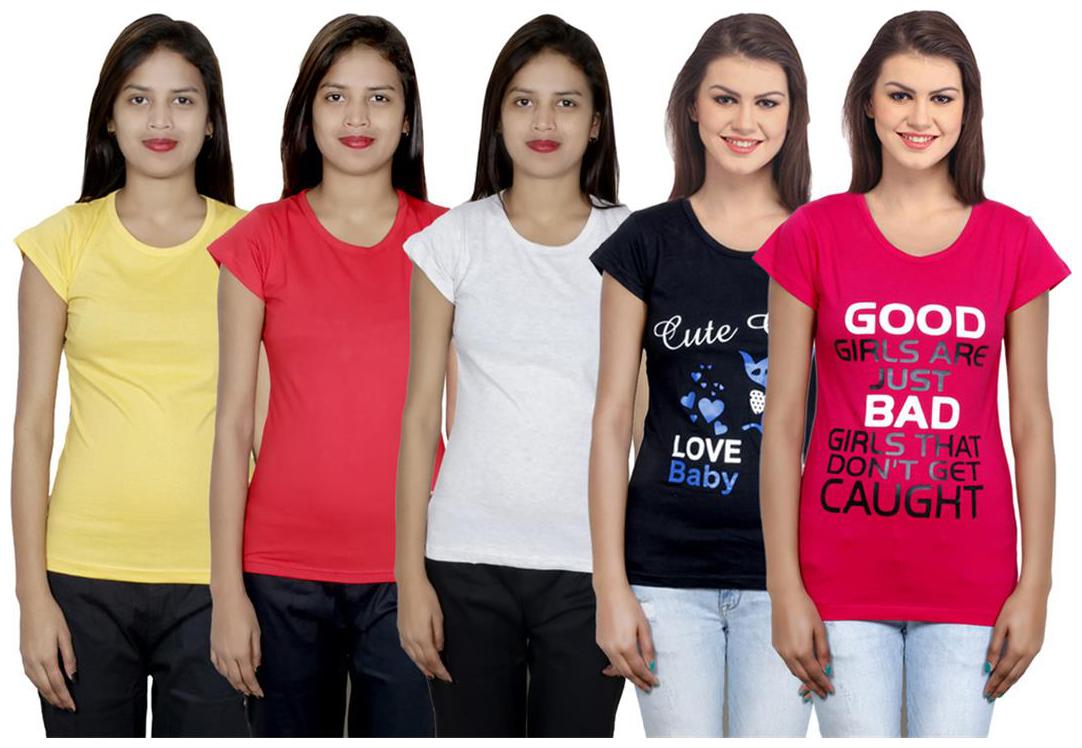

IndiWeaves Women s Cotton Printed and Plain T-Shirt Combo(Pack of 5 T-Shirts)