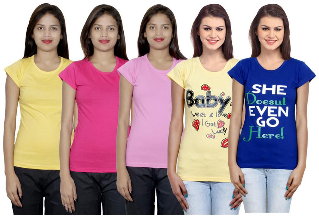 

IndiWeaves Women s Cotton Printed and Plain T-Shirt Combo(Pack of 5 T-Shirts)