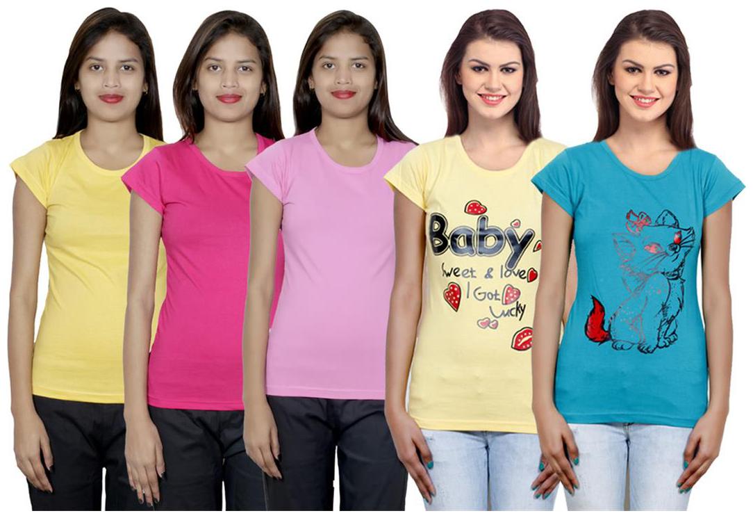 

IndiWeaves Women s Cotton Printed and Plain T-Shirt Combo(Pack of 5 T-Shirts)