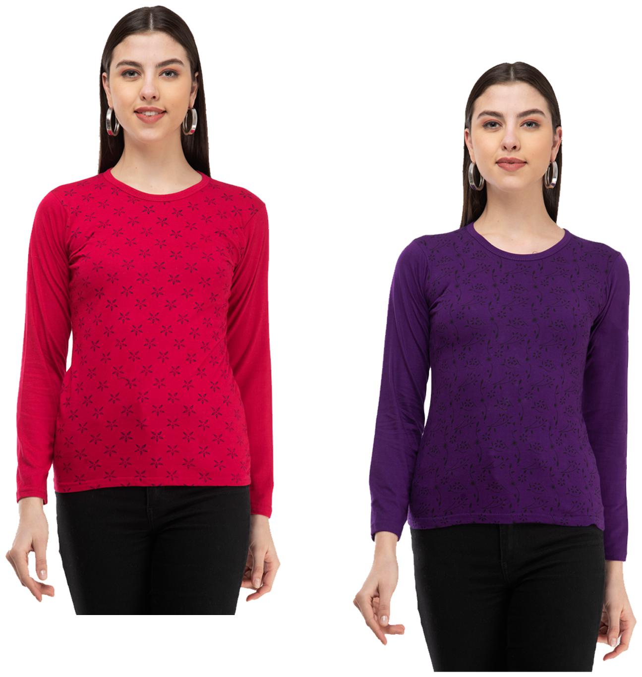 

Indiweaves Women Pink Purple Regular fit Round neck Cotton T shirt