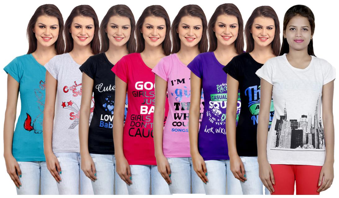 

IndiWeaves Women s Cotton Printed T-Shirts COMBO OFFER ( Pack of 8 T-Shirts)