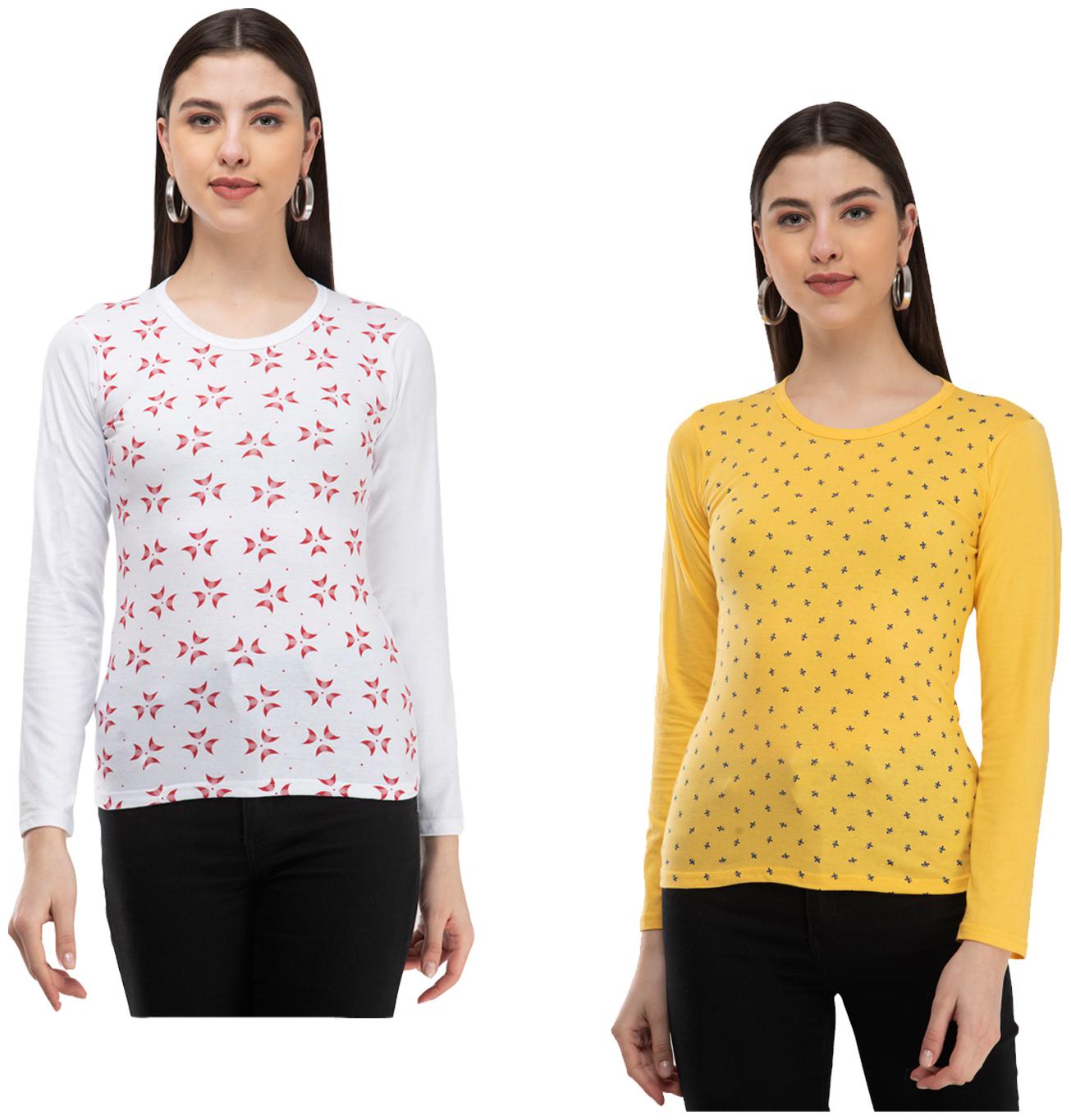 

Indiweaves Women Yellow White Regular fit Round neck Cotton T shirt