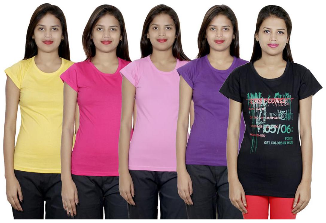 

IndiWeaves Women s Cotton Printed and Plain T-Shirt Combo(Pack of 5 T-Shirts)