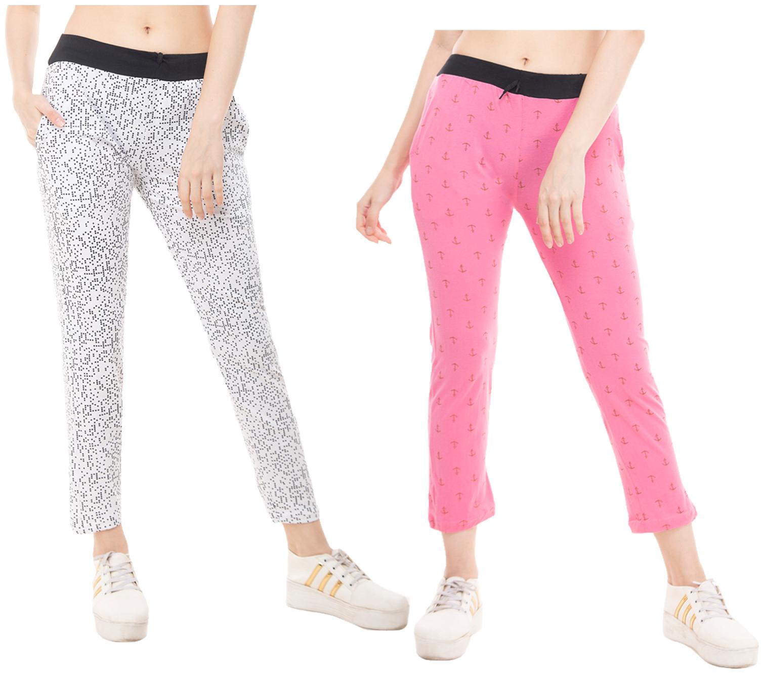 

Indiweaves Women Regular fit Cotton Printed Track pants - White Pink