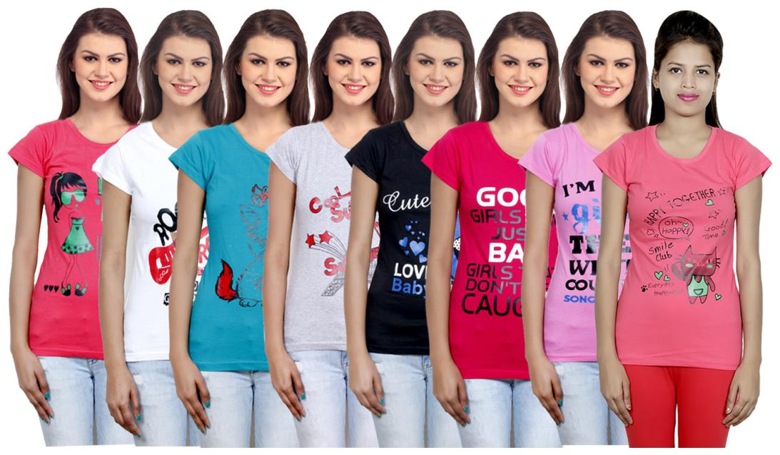 

IndiWeaves Women s Cotton Printed T-Shirts COMBO OFFER ( Pack of 8 T-Shirts)