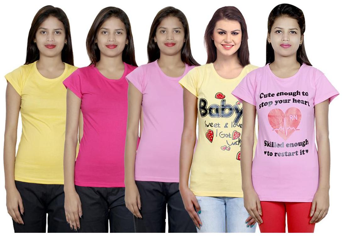 

IndiWeaves Women s Cotton Printed and Plain T-Shirt Combo(Pack of 5 T-Shirts)