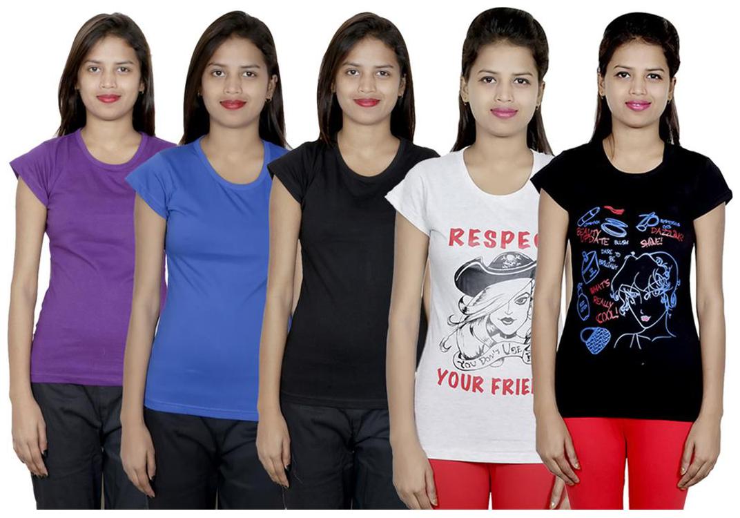 

IndiWeaves Women s Cotton Printed and Plain T-Shirt Combo(Pack of 5 T-Shirts)