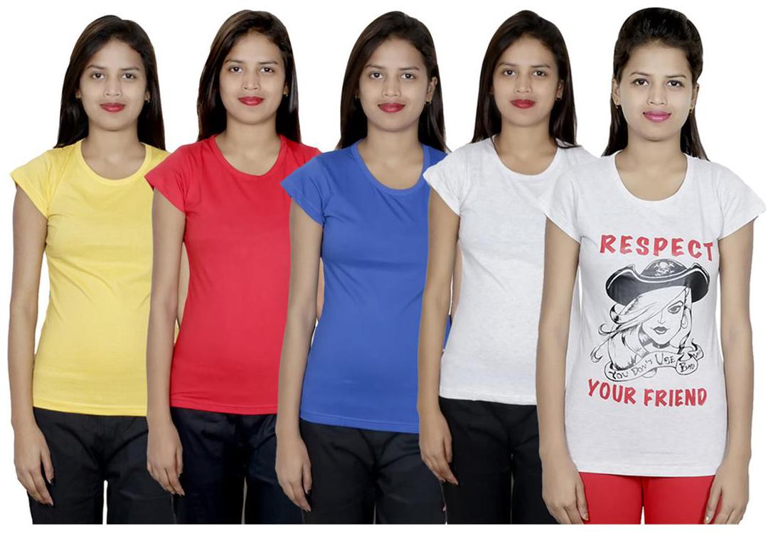 

IndiWeaves Women s Cotton Printed and Plain T-Shirt Combo(Pack of 5 T-Shirts)