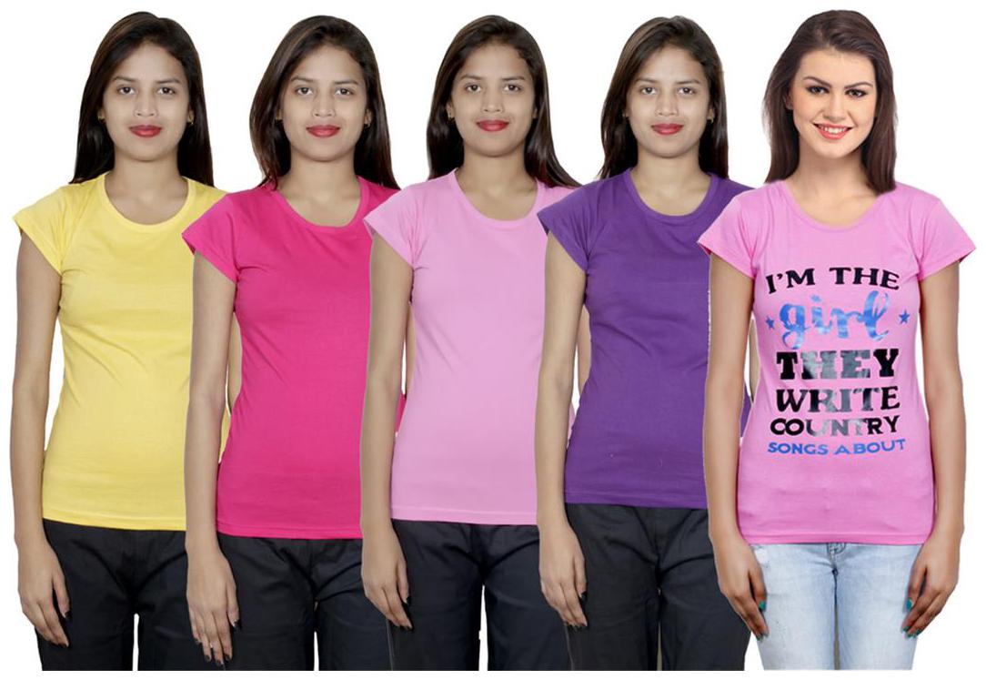 

IndiWeaves Women s Cotton Printed and Plain T-Shirt Combo(Pack of 5 T-Shirts)