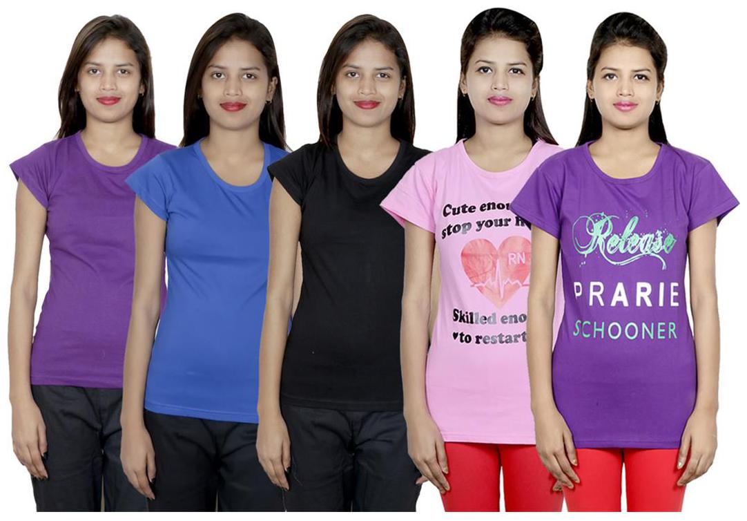 

IndiWeaves Women s Cotton Printed and Plain T-Shirt Combo(Pack of 5 T-Shirts)