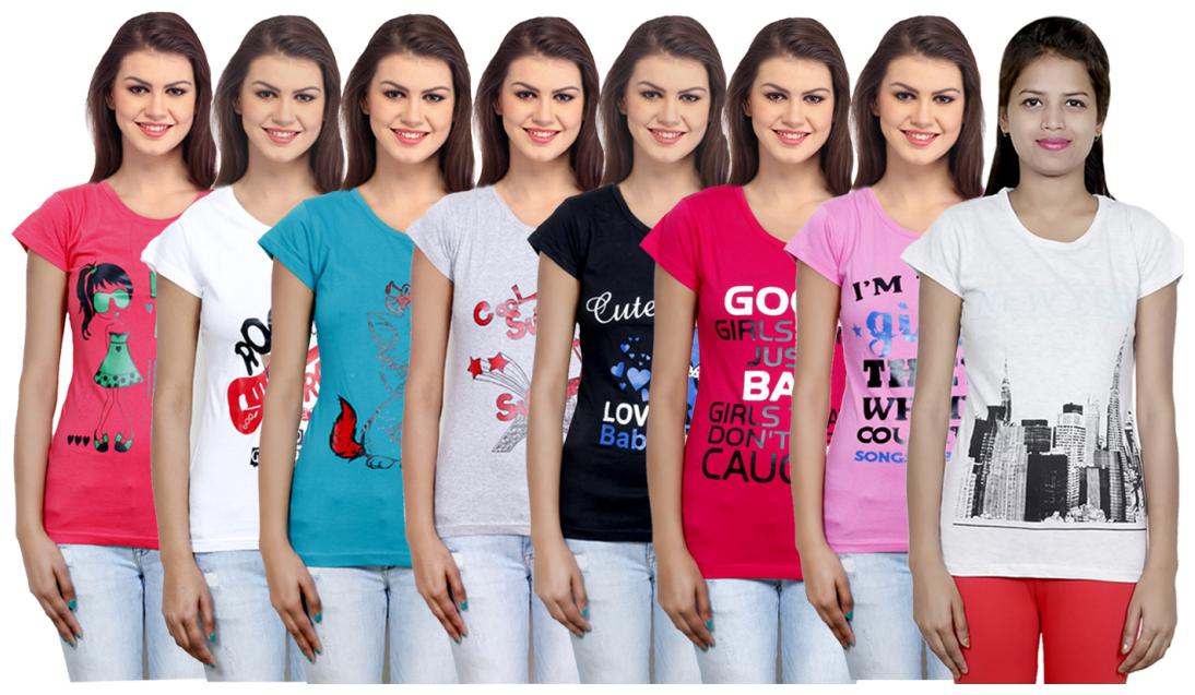 

IndiWeaves Women s Cotton Printed T-Shirts COMBO OFFER ( Pack of 8 T-Shirts)