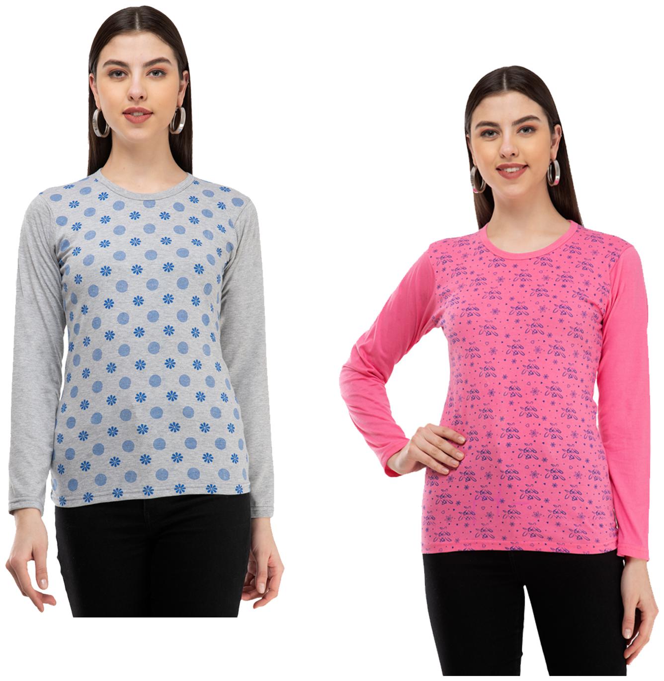 

Indiweaves Women Grey Pink Regular fit Round neck Cotton T shirt