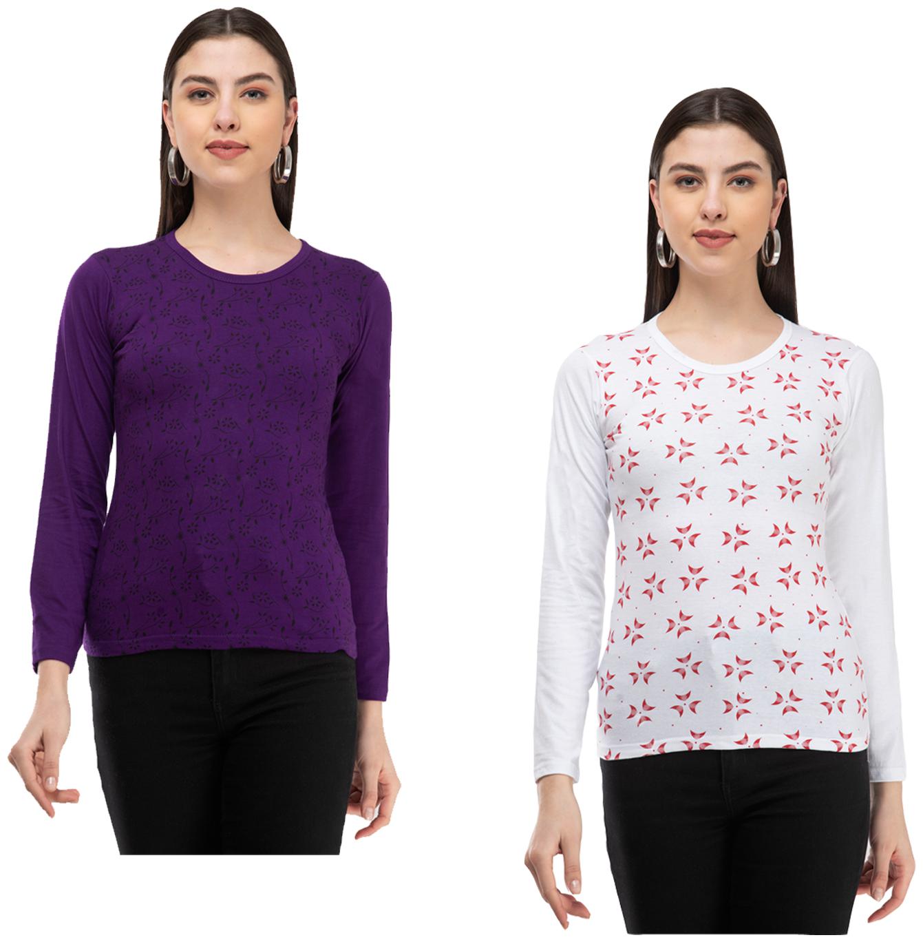 

Indiweaves Women Purple White Regular fit Round neck Cotton T shirt